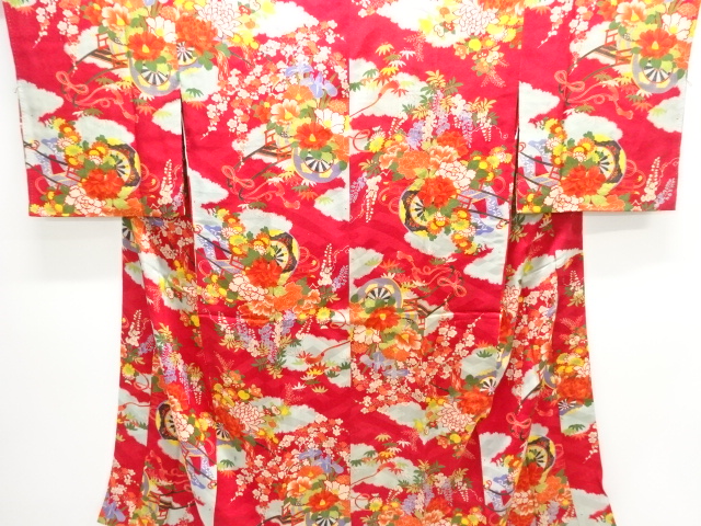 JAPANESE KIMONO / ANTIQUE MON KINSHA HANAGURUMA PATTERN JUBAN